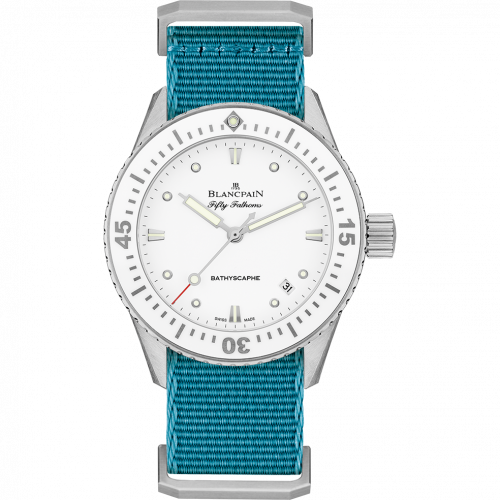 Blancpain Fifty Fathoms Bathyscaphe Stainless Steel / White / Baby Blue Nato 5100-1127-NAT