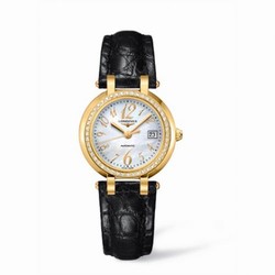 Longines PrimaLuna Automatic 30 Yellow Gold Diamond Leather Funky MOP L8.113.7.83.2