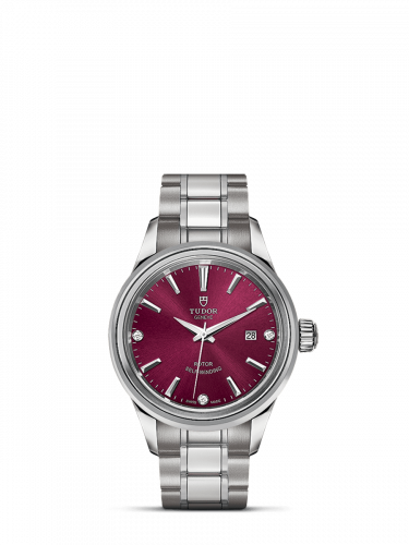 Tudor Style 28 Stainless Steel / Burgundy-Diamond / Bracelet M12100-0015
