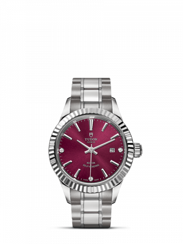 Tudor Style 28 Stainless Steel / Fluted / Burgundy-Diamond / Bracelet M12110-0019