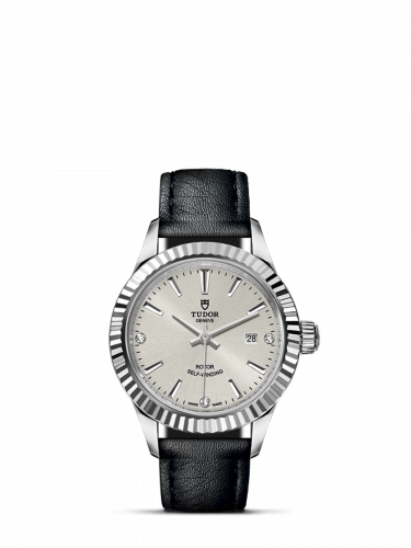 Tudor Style 28 Stainless Steel / Fluted / Silver-Diamond / Strap M12110-0024