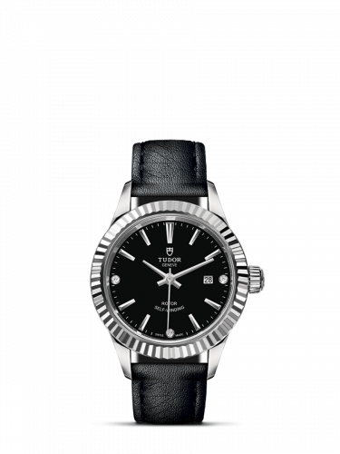 Tudor Style 28 Stainless Steel / Fluted / Black-Diamond / Strap M12110-0025