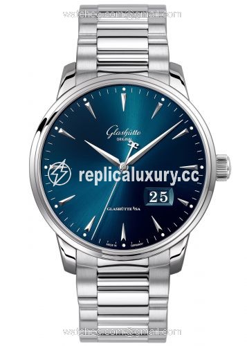 Glashutte Original Senator Excellence Panorama Date Stainless Steel / Blue / Bracelet 1-36-03-04-02-70