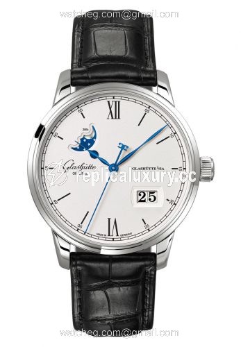 Glashutte Original Senator Excellence Panorama Date Moonphase Stainless Steel / Silver / Alligator / Pin 1-36-04-01-02-01