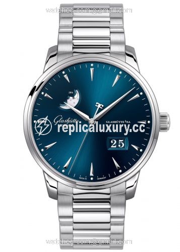 Glashutte Original Senator Excellence Panorama Date Moonphase Stainless Steel / Blue / Bracelet 1-36-04-04-02-70