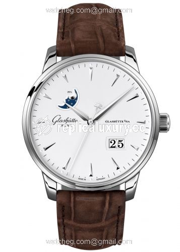 Glashutte Original Senator Excellence Panorama Date Moonphase Stainless Steel / Silver / Alligator / Folding 1-36-04-05-02-31