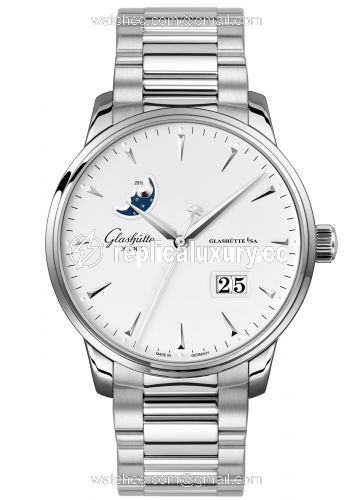 Glashutte Original Senator Excellence Panorama Date Moonphase Stainless Steel / Silver / Alligator / Folding 1-36-04-05-02-70