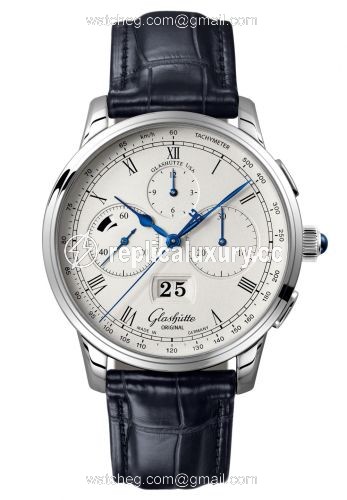 Glashutte Original Senator Chronograph Panorama Date Platinum / Silver / Alligator / Folding 1-37-01-02-03-30