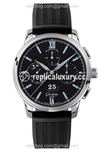 Glashutte Original Senator Chronograph Panorama Date Stainless Steel / Black / Rubber / Folding 1-37-01-03-02-53