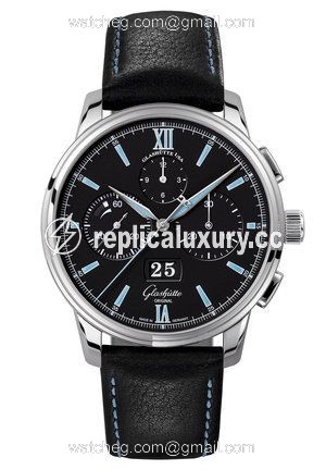 Glashutte Original Senator Chronograph Panorama Date Stainless Steel / Black / Calf / Folding 1-37-01-03-02-35
