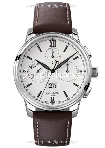 Glashutte Original Senator Chronograph Panorama Date Stainless Steel / Silver / Calf / Pin 1-37-01-05-02-07