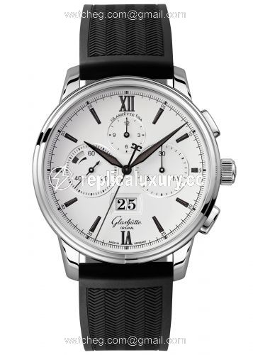 Glashutte Original Senator Chronograph Panorama Date Stainless Steel / Silver / Rubber / Folding 1-37-01-05-02-33
