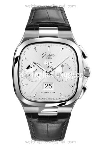 Glashutte Original Seventies Chronograph Panorama Date Silver / Alligator / Folding 1-37-02-02-02-50
