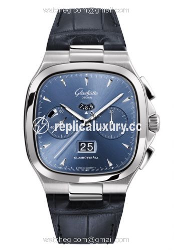 Glashutte Original Seventies Chronograph Panorama Date Blue / Alligator / Folding 1-37-02-03-02-30