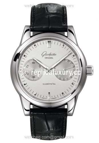 Glashutte Original Senator Hand Date Stainless Steel / Silver Alligator / Pin 1-39-58-02-02-04