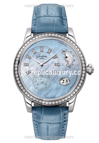 Glashutte Original PanoMatic Luna Stainless Steel / Diamond / Blue MOP / Alligator / Pin 1-90-12-03-12-02
