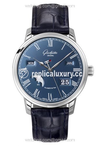 Glashutte Original Senator Perpetual Calendar Stainless Steel / Blue / Alligator / Folding 100-02-07-12-30