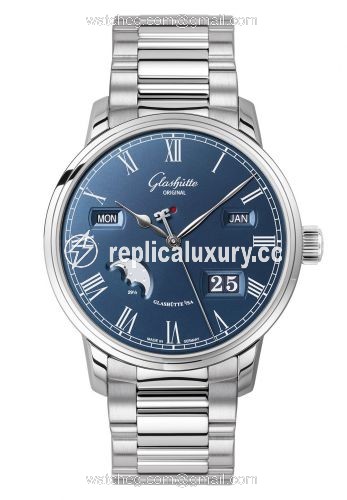 Glashutte Original Senator Perpetual Calendar Stainless Steel / Blue / Bracelet 100-02-07-12-70