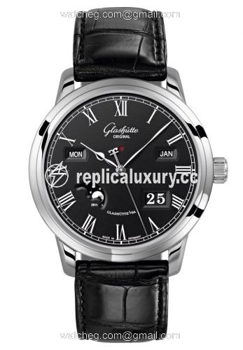 Glashutte Original Senator Perpetual Calendar Stainless Steel / Black / Alligator / Folding 100-02-25-12-05