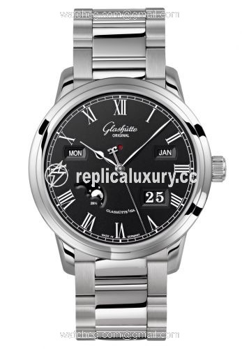 Glashutte Original Senator Perpetual Calendar Stainless Steel / Black / Bracelet 100-02-25-12-14