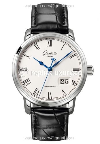 Glashutte Original Senator Panorama Date Stainless Steel / Silver / Alligator / Folding 100-03-32-42-01