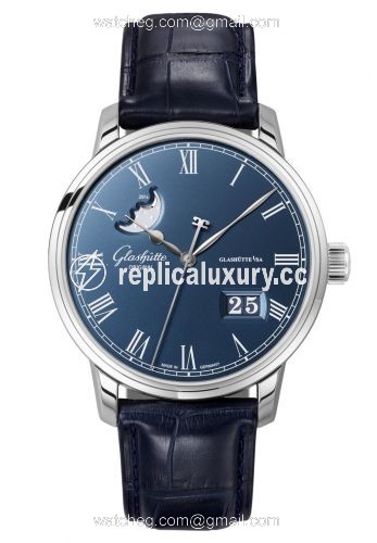 Glashutte Original Senator Panorama Date Moonphase Stainless Steel / Blue / Alligator / Folding 100-04-05-12-50