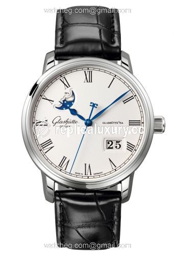 Glashutte Original Senator Panorama Date Moon Phase Stainless Steel / Silver / Alligator / Folding 100-04-32-12-01