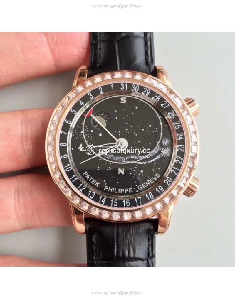 Patek Philippe Grand Complications Sky Moon Celestial 6104R-001 Noob Rose Gold & Diamonds Black 