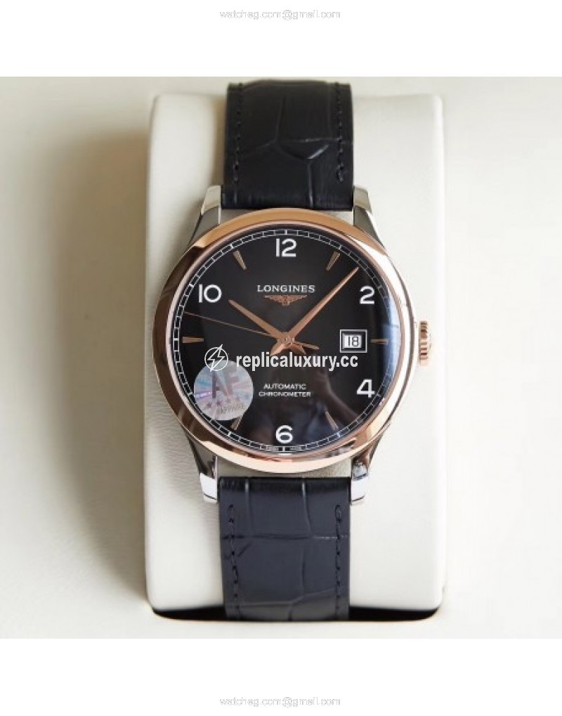 Longines Record L2.821.4.56.2 AF Stainless Steel & Rose Gold Black 