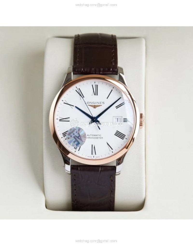Longines Record L2.821.4.11.2 AF Stainless Steel & Rose Gold White 