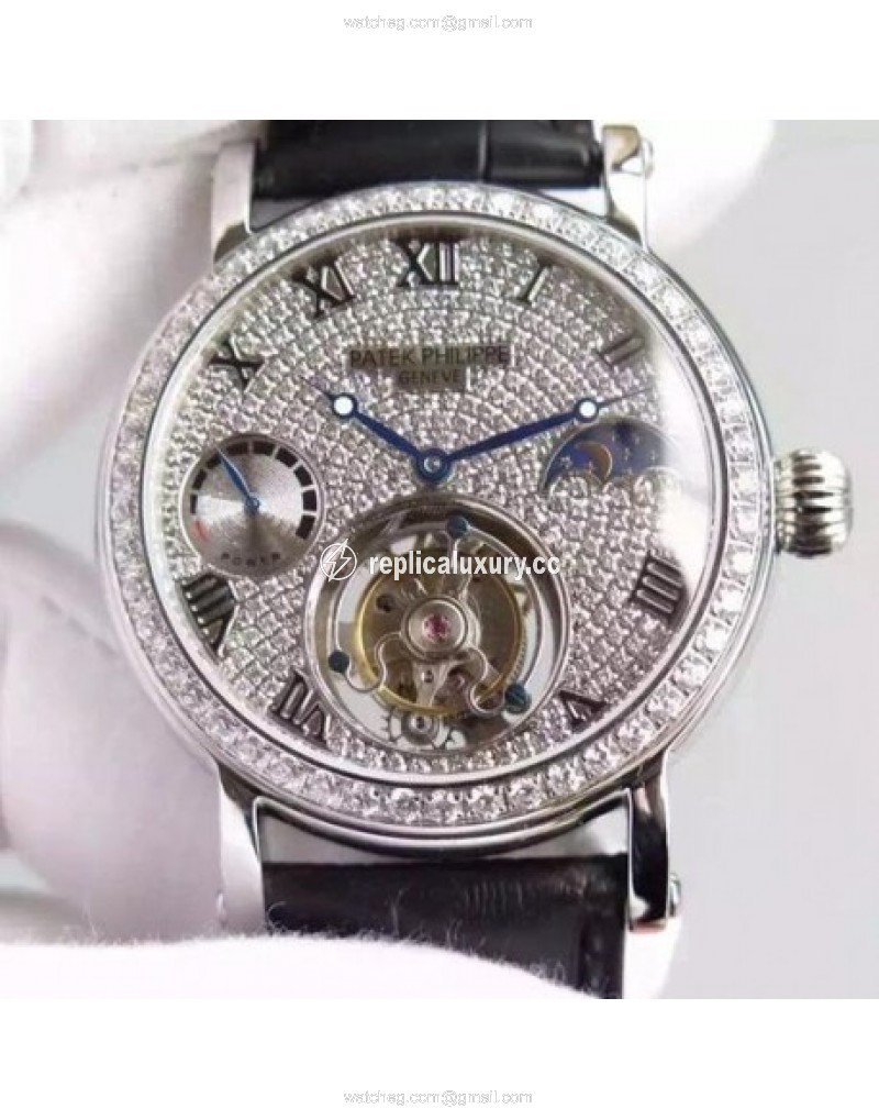 Patek Philippe Tourbillon Moonphase Power Reserve Stainless Steel Diamonds Bezel Swiss Tourbillon