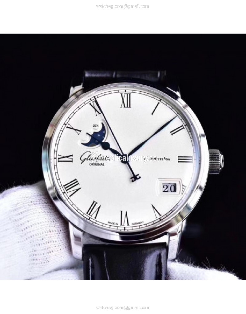 Glashutte Senator Panorama Date Moon Phase 100-04-32-12-04 GF Stainless Steel White 