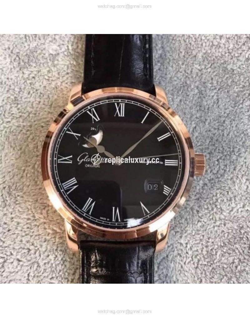 Glashutte Senator Panorama Date Moon Phase 100-04-32-15-04 GF Rose Gold Black 