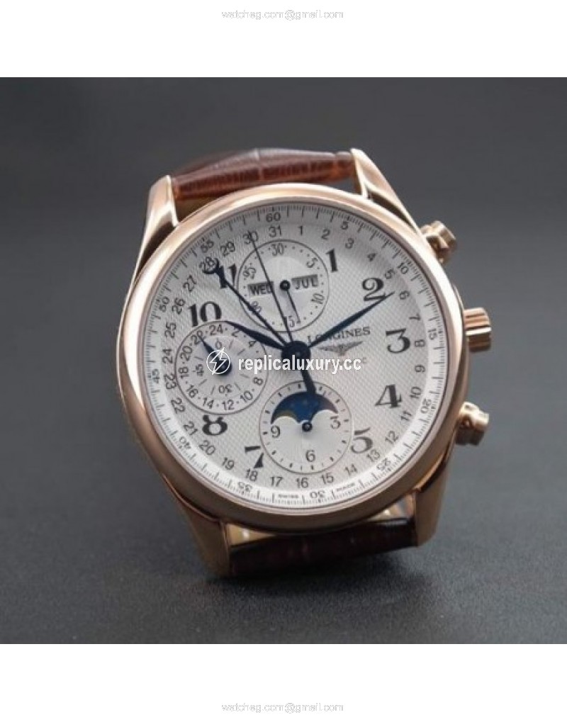 Longines Conquest Classic Chronograph Moonphase Rose Gold White 