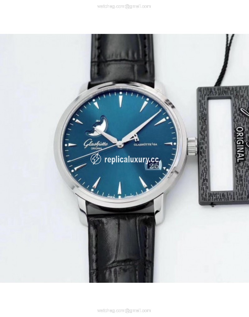 Glashutte Senator Excellence Panorama Date Moon Phase 1-36-04-04-02-01 ETC Stainless Steel Blue 