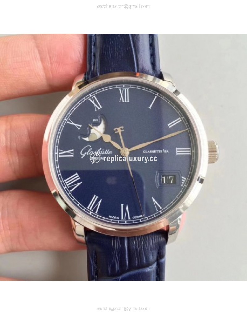 Glashutte Senator Panorama Date Moon Phase 100-04-05-12-30 GF Stainless Steel Blue 