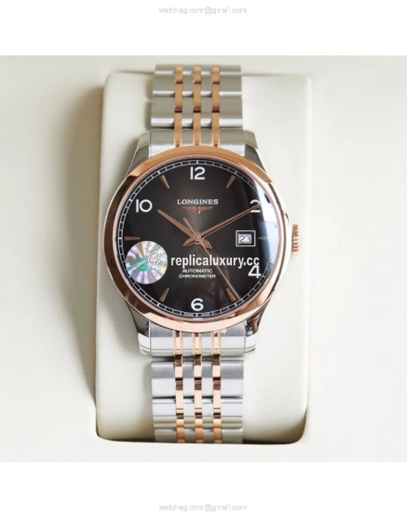 Longines Record L2.821.4.56.6 AF Stainless Steel & Rose Gold Black 