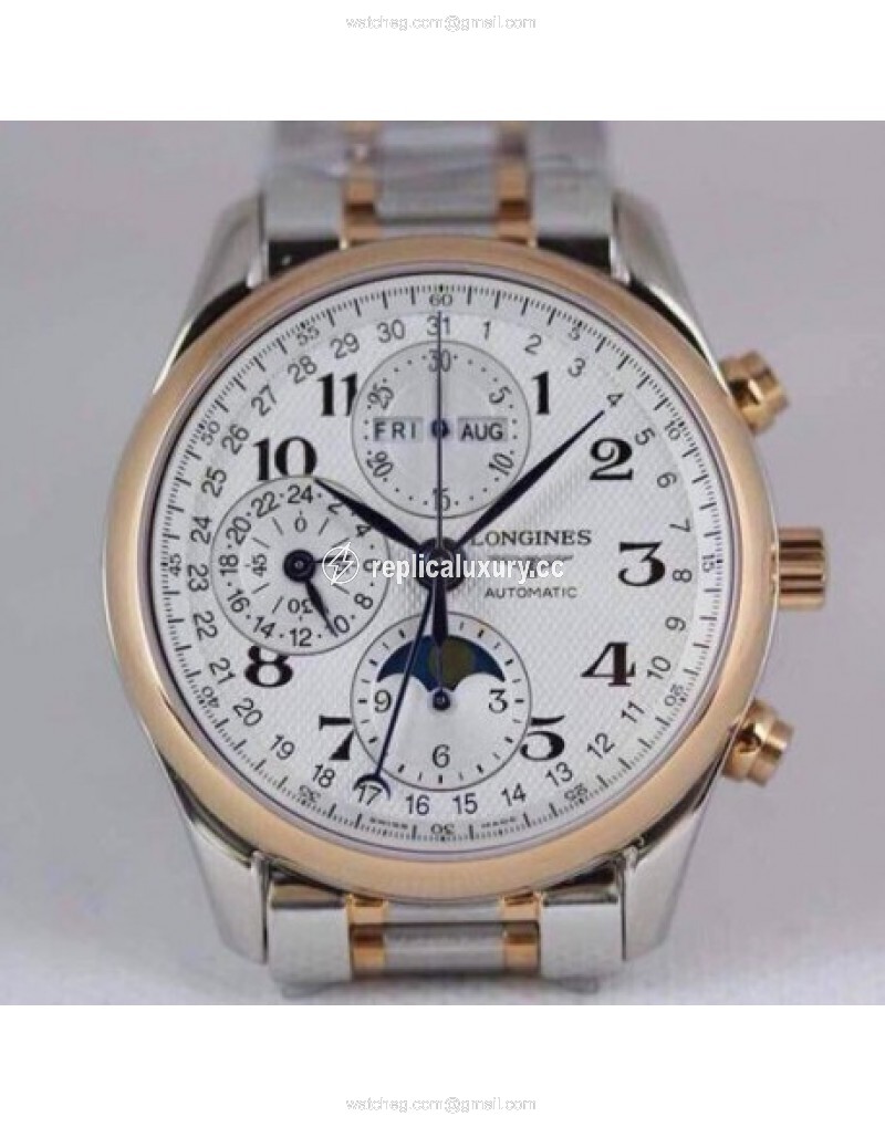 Longines Conquest Classic Chronograph Moonphase Stainless Steel & Rose Gold White 