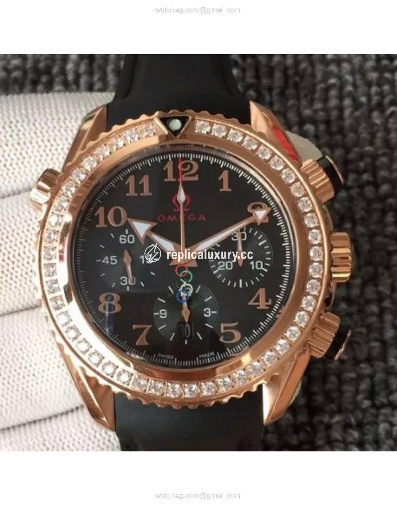 Omega Seamaster Planet Ocean Chronograph Olympics Rose Gold & Diamonds Black 