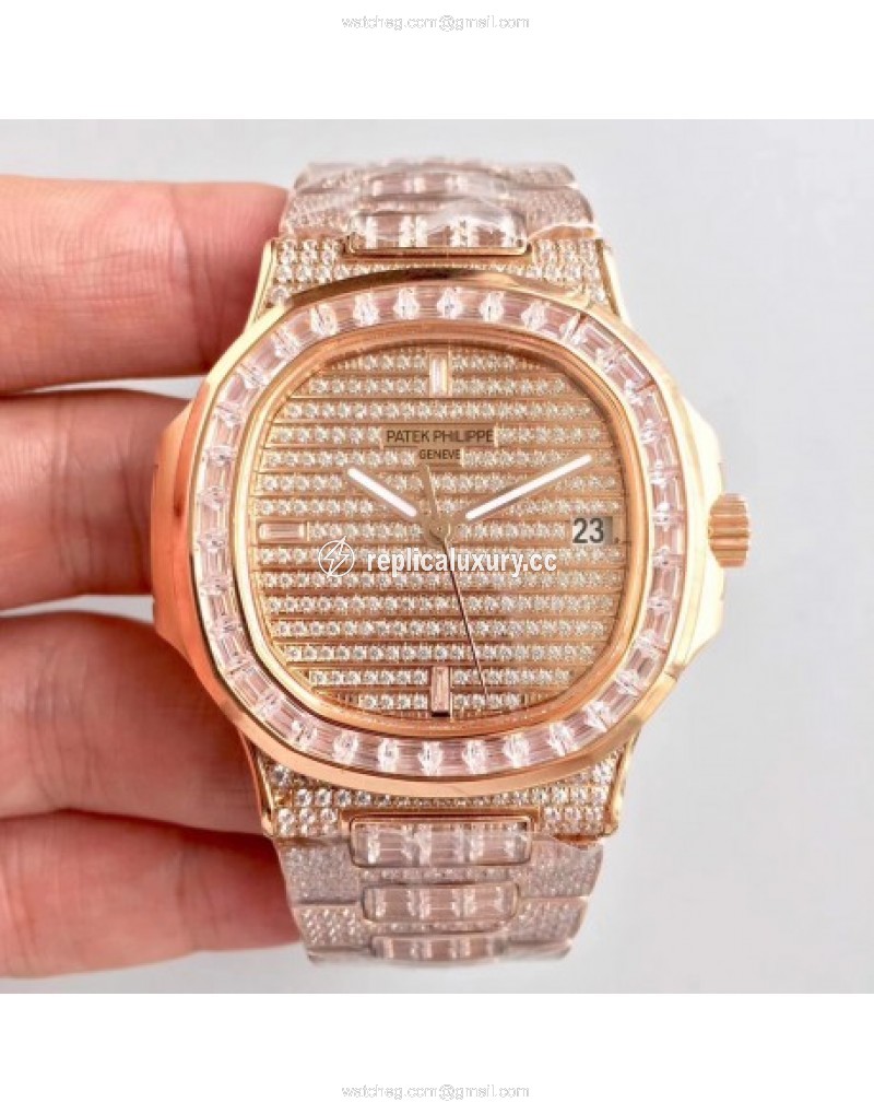 Patek Philippe Nautilus Jumbo 5719/10G-010 DM Rose Gold & Diamonds Diamond 
