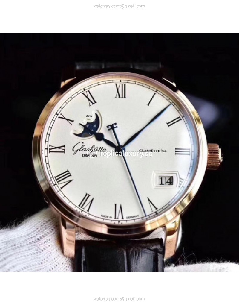 Glashutte Senator Panorama Date Moon Phase 100-04-32-15-04 GF Rose Gold White 
