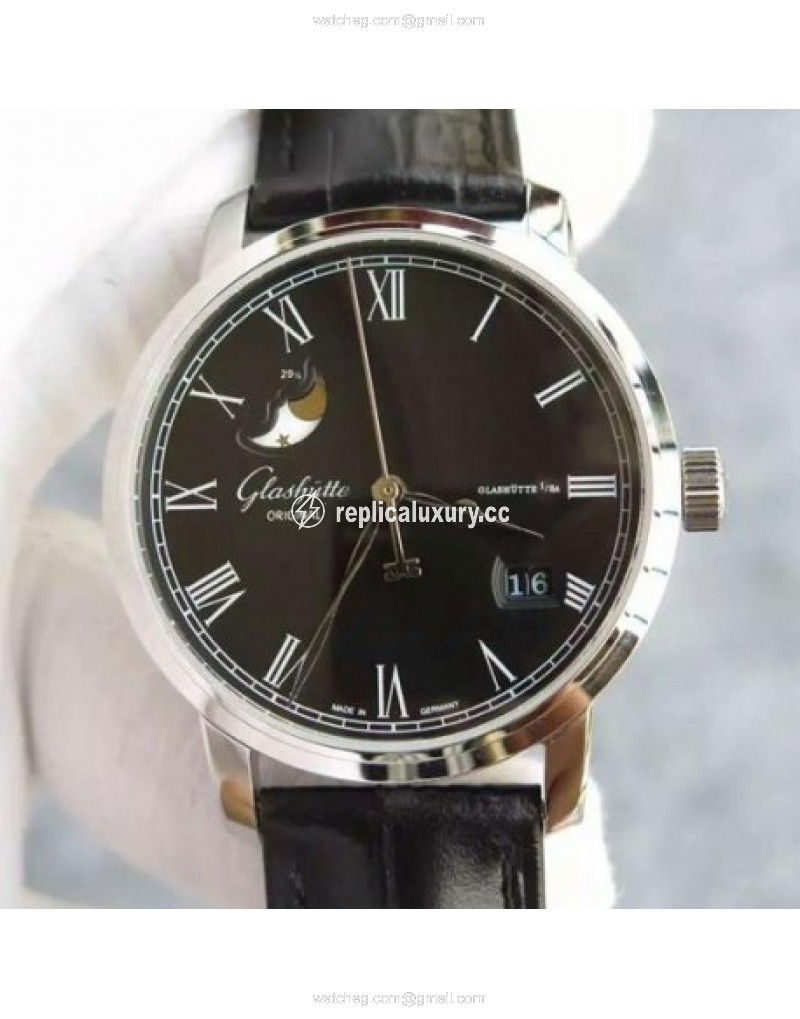 Glashutte Senator Panorama Date Moon Phase Stainless Steel Black 