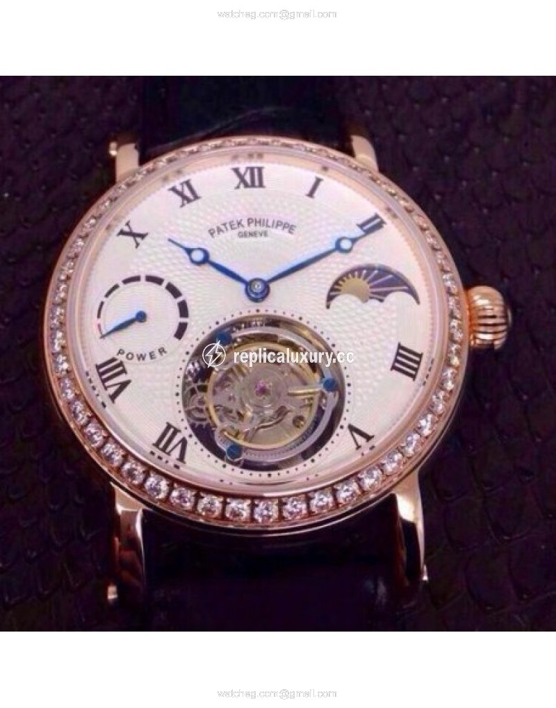 Patek Philippe Tourbillon Moonphase Power Reserve Rose Gold Diamonds Bezel Swiss Tourbillon