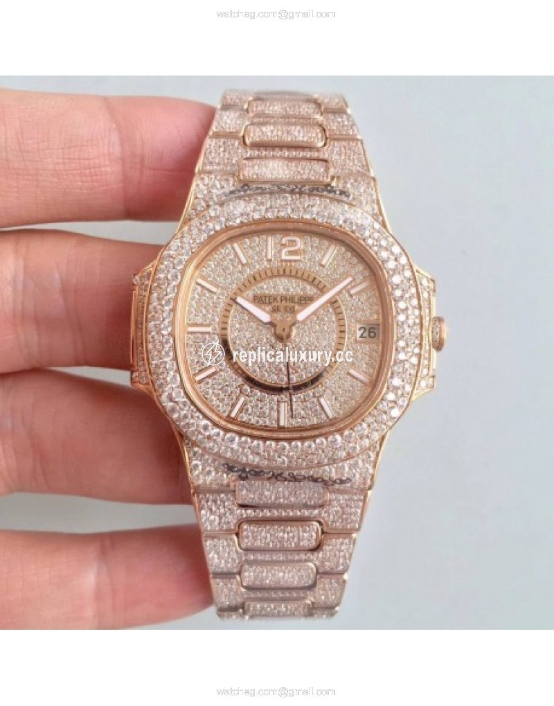 Patek Philippe Nautilus Jumbo Ladies Paved With Diamonds 7021/1R-001 Noob Rose Gold & Diamonds Diamond 