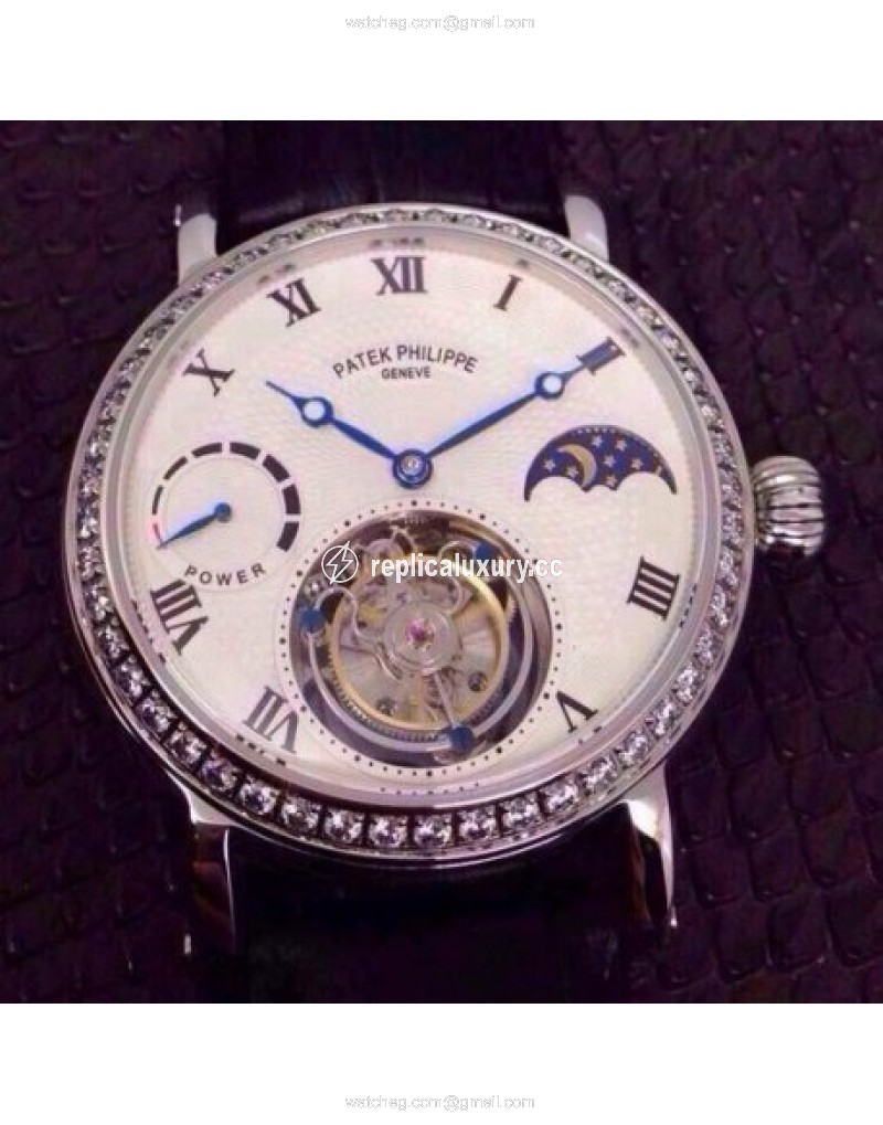 Patek Philippe Tourbillon Moonphase Power Reserve Stainless Steel Diamonds Bezel Swiss Tourbillon