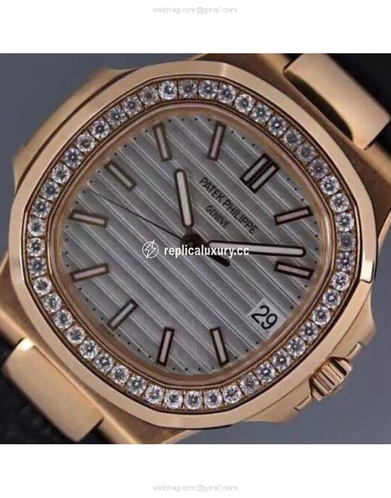 Patek Philippe Nautilus Jumbo 5711 Rose Gold Diamonds Bezel Swiss 2824