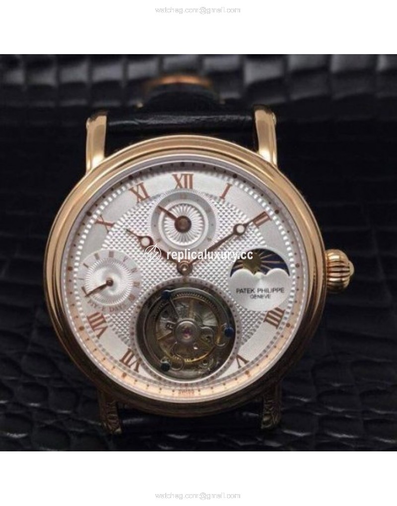 Patek Philippe Tourbillon Moonphase Power Reserve 24K Rose Gold Plated White 