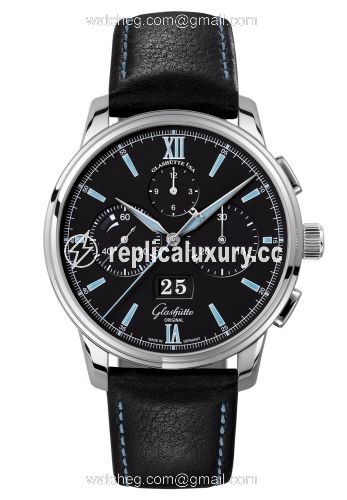 Glashutte Original Senator Chronograph Panorama Date Stainless Steel / Black / Calf / Pin 1-37-01-03-02-07
