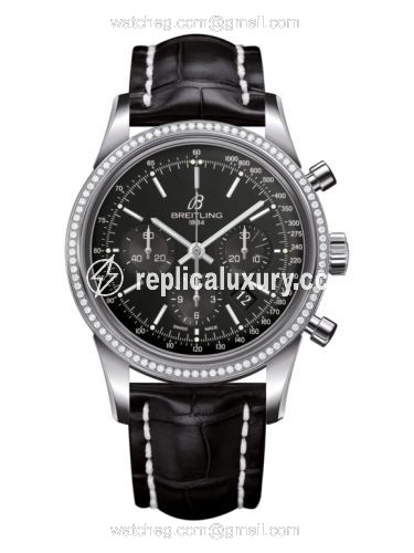 Breitling Transocean Chronograph Stainless Steel / Diamond / Black / Croco AB015253.BA99.743P