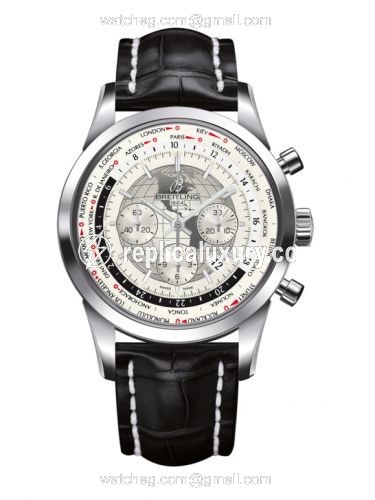 Breitling Transocean Chronograph Unitime Stainless Steel / Silver / Croco AB0510U0.A790.760P.